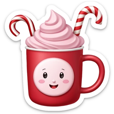 hot chocolete with pastel pink marshmallows in red christmas mug with stars and candy cane, trendy aesthetic sticker