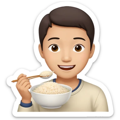 Asian person eating a bowl of rice happy expression sticker