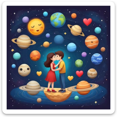 Solar system with heart-shaped planets and couples kissing, cute characters embracing on different planets, colorful cosmic scene sticker