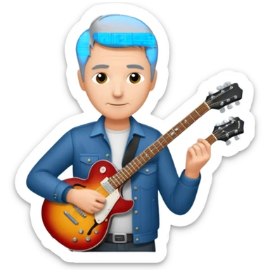 a short grey hair, middle age metal head with a classic epiphone eletric guitar sticker