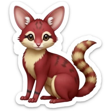 Maroon-Red, soft natural realistic romantic vintage antique divine beautiful elegant pretty precious cute young youthful  Fakémon-Pokémon-opossum-feline-mouse-serval-caracal-chinchilla-Minccino-Cinccino-Meowstic-rodent-hybrid-creature with a big fluffy bushy tail (full body) sticker