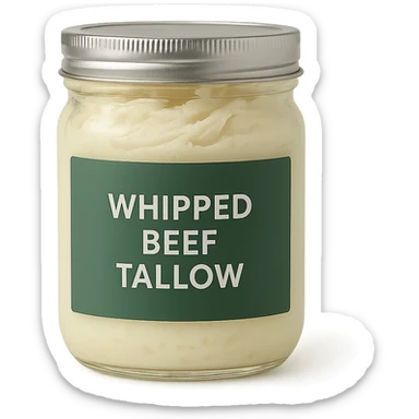 jar of whipped beef tallow with a green label, clear glass, creamy texture, minimalistic design, clean background sticker