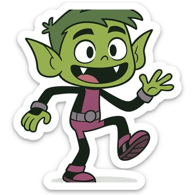 Beast Boy from Teen Titans Go, cartoon style, green skin, playful pose, purple and black suit, fangs showing sticker