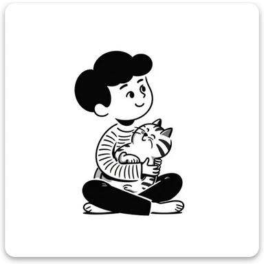 A boy sitting cross-legged with a tabby cat in his lap sticker