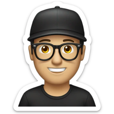 drummer man, caucasian, with a black cap, glasses to see, with a grimace gesture and black t-shirt sticker