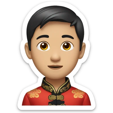 Head shot of Asian boy Wearing a traditional Chinese outfit with a red silk jacket and black pants, black dress shoes. sticker