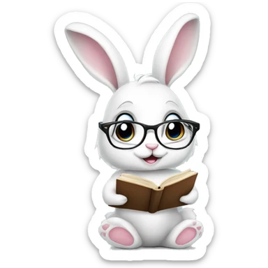 Cute White bunny girl with glasses, bow on the ear and book in her paws  sticker