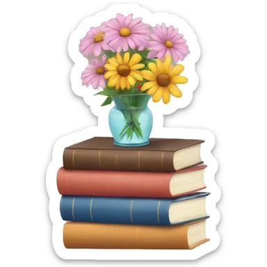 aesthetic stack of books stacked with flower in vase on top sticker