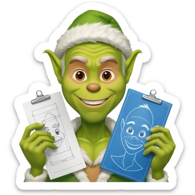 a man drawing a blueprint, with a wide, sly Grinch-like grin sticker