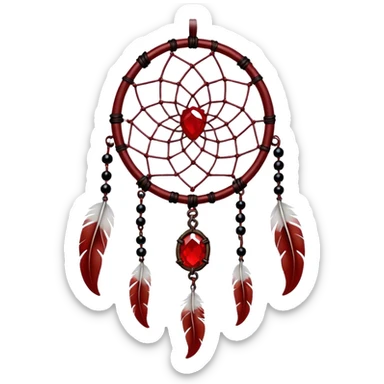Blood-red, bloody, obsidian-black, edgy, dream catcher, red gemstones, black wires, black threads, tiny skulls, white feathers sticker