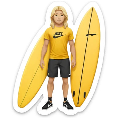 Man Surfer surfing with long blond hair, yellow t-shirt with black Nike logo in center of chest, black baggy sweatpants. On a yellow and white board sticker