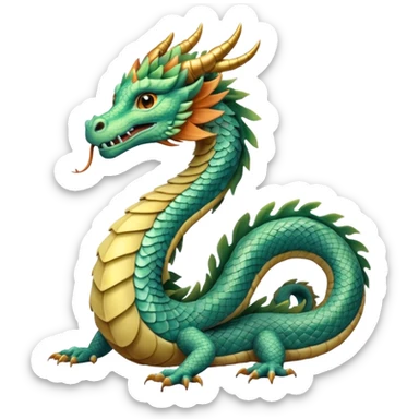  serpent dragon. Slim, serpentine body with smooth scales in soft blues and greens. Fluffy leaf plumes replace the tail fins, and a terracotta crown-like crest adorns its head. Gentle amber eyes. it should be similar to traditional chinese dragons. sticker