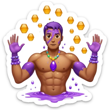 A tall strong purple man doused in honey with 5 colored stones floating around him sticker