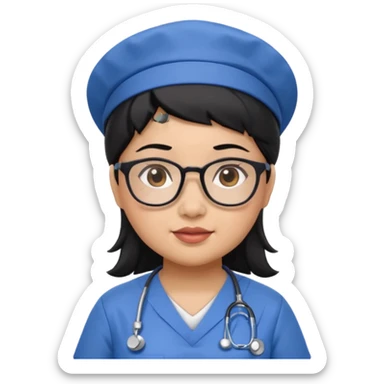 FILIPINA FEMALE NURSE, CHUBBY, BLACK HAIR, WITH GLASSES, BLUE SCRUBS, AND CAP sticker