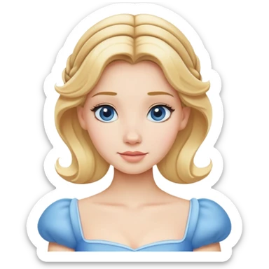 extremely minimal Cinderella from hips up, simple blue dress shape, basic blonde hair outline, few facial details, ultra simplified sticker