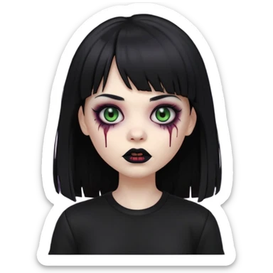 uma garota gotica zumbi no formato Memoji da apple com o cabelo cumprido, preto liso e com franja, blusa preta, olhos pretos  sticker