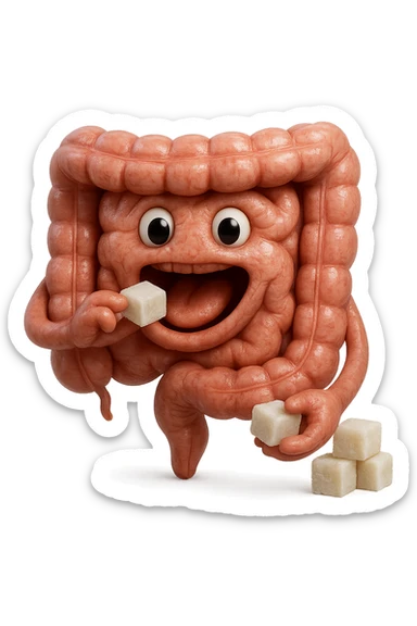 emoji stile iphone di un intestino anatomico che mangia zollette di zucchero, iperrealistico 4k, isolato su sfondo bianco sticker