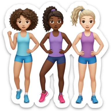 three women friends exercising together, one black woman with curly brown hair, one pale white woman with curly brown hair, and one white woman with straight brown hair in a ponytail positioned on the right sticker