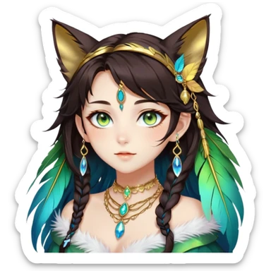 Beautiful gorgeous anime lady with beautiful dark-brown-special-hair, fashion aesthetic, ethereal, feather, accessories, gold jewelries, gold, colorful, feline ears, colorful hazel-green-blue-gradient eyes sticker