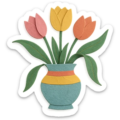 tulips in a decorative vase, delicate paper layers, naturalistic pose, expressive leaves sticker