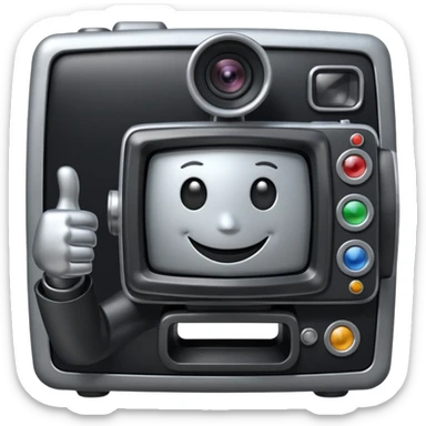 An anthropomorphized black professional television studio camera smiling and giving a thumbs up sticker