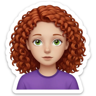 pale white teen girl with light blueish green eyes and freckles with brownish red curly middle part hair and purple shirt sticker