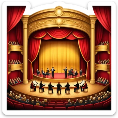 An icon depicting a theater stage with actors performing a play, illuminated by dramatic lighting. The audience watches from colorful balconies, while an orchestra plays in the pit, creating an immersive atmosphere. transparent background. sticker