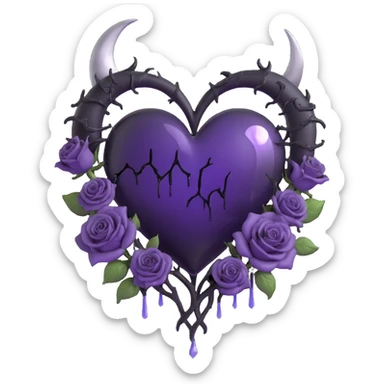 gothic heart, deep purple glass, crescent moon dripping silver, black roses encircling the heart, subtle lightning, rainy mist, cracked glass glowing softly sticker