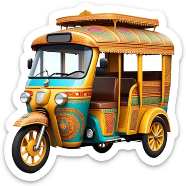 Cinematic Realistic Indian Auto Rickshaw Emoji, depicted as a colorful, bustling auto rickshaw with intricate designs and vibrant hues, rendered with lively textures and dynamic urban lighting that captures its quintessential presence in Indian cities. sticker