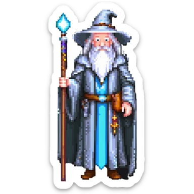 Gandalf the wizard with white beard, staff, and magical robe sticker