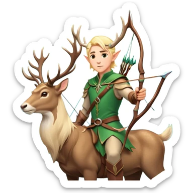 clash-of-clans-aesthetic-blond-male elf-archer-portrait-emoji, rendered in a flat, vector-style with minimal shading and bold holding his bow, simplified shapes, head tilted slightly forward with a determined, focused expression, riding a majestic stag whose antlers glow with mystical energy, set against an ancient, enchanted forest backdrop. sticker