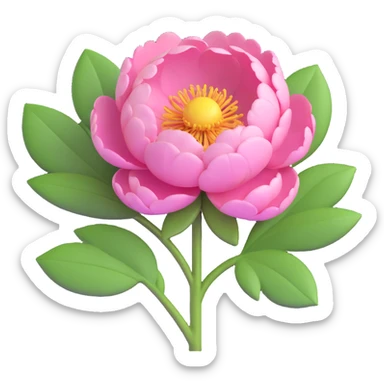 single pink peony flower with green leaves, soft rounded petals, realistic yet playful look, 3D emoji style sticker