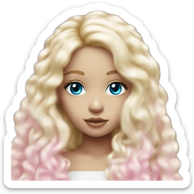 ocean blue doll eyes, blonde glowing silky long hair, girl, feminine, fragile, pink, angelic, in love sticker