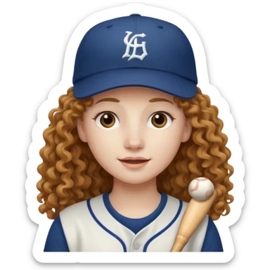 long hair light brown curly pale skin and a baseball hat sticker