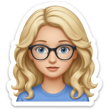 Fille 20ans qui a des cheveux long et blond et wavy avec des lunettes et des yeux bleu- gris avec du mascara sticker