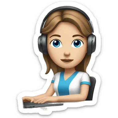 white girl at desk, brown hair, blue eyes, computer, headphones sticker