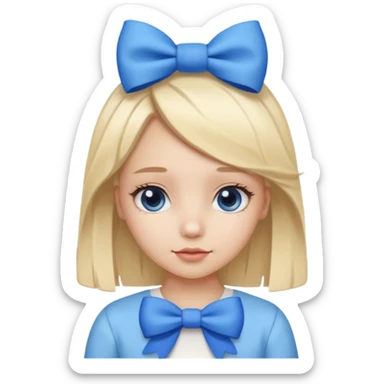 A cute girl with a white skin and a blonde hair with a blue and white bow in her head sticker