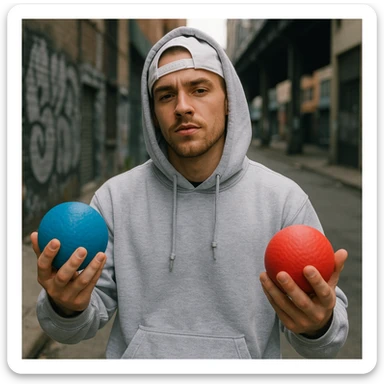A white rapper wearing a hoodie, holding a blue ball and a red ball in opposite hands, street style, confident expression sticker