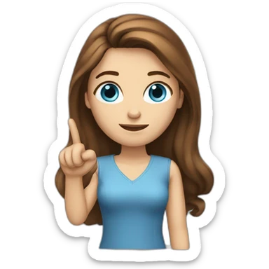brown-haired woman with long hair, blue eyes shows her index finger sticker