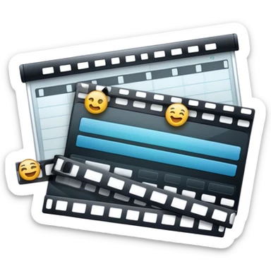 Create an emoji representing video editing. The design should feature a video editing software interface with a visible timeline, video clips, and audio tracks. Include elements like a film strip or a clapperboard to represent the filmmaking aspect. No smiley faces. Make the background transparent. sticker
