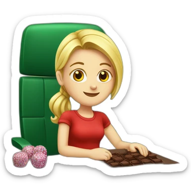 Girl, blonde hair, wearing red shirt, sitting at a black desk, wrapping chocolate candies, solid green background sticker