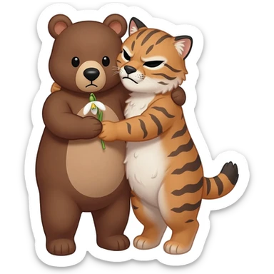 lovely bear hugs angry lynx and gives her a snowdrop flower with love sticker