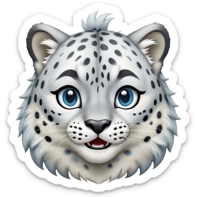 Cinematic-Comical-Snow-Leopard-Portrait-Emoji – Head tilted dramatically with an exaggeratedly amused expression, featuring a thick, spotted white-and-grey coat with a dense ruff around the neck, wide, piercing icy blue eyes filled with playful disbelief zoomed out showing the shoulders sticker