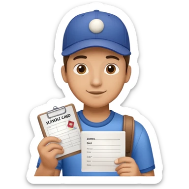 Man with a baseball cap holding a report card from scho sticker