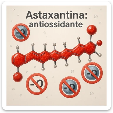 hyper realistic red astaxanthin molecule neutralizing free radicals, blocking radical symbols, scientific atmosphere, light background, text 'Astaxantina: antiossidante' sticker