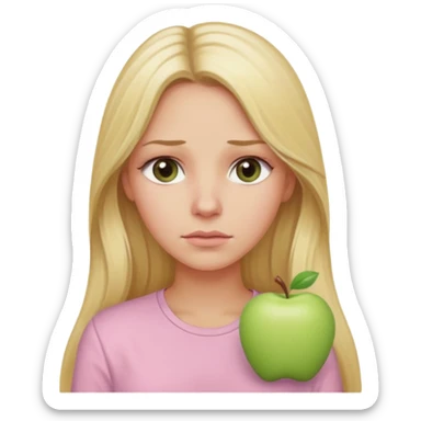 blonde with long hair and swamp-colored eyes, wearing a pastel pink shirt, thoughtful expression, iOS Apple emoji style sticker