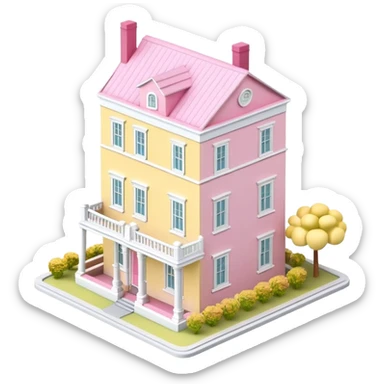 charleston pastel row home dollhouse, 3d isometric, realistic, pink and yellow sticker