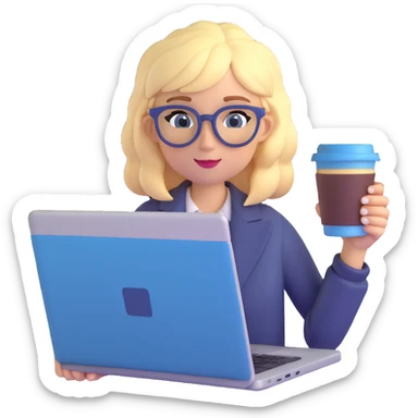 A girl with blonde hair and blue hair wearing glasses holds a laptop and a glass of coffee sticker