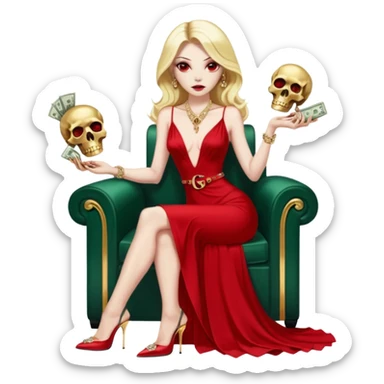 Lilith symbol red eye seductress evil shoulder length blonde haired sexy succubus woman with Gucci  long dress with slit, sitting on of gold and diamonds. Black Platform high heels on feet. seat full of stacks of cash,  dead human skull of her enemies in her other hand sticker
