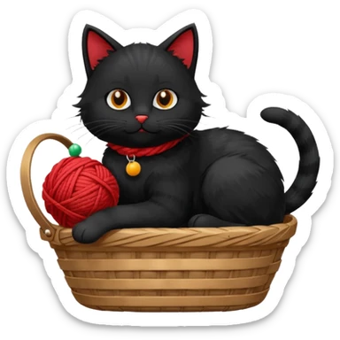 A playful black cat in a basket edge, playing with a yarn ball. sticker